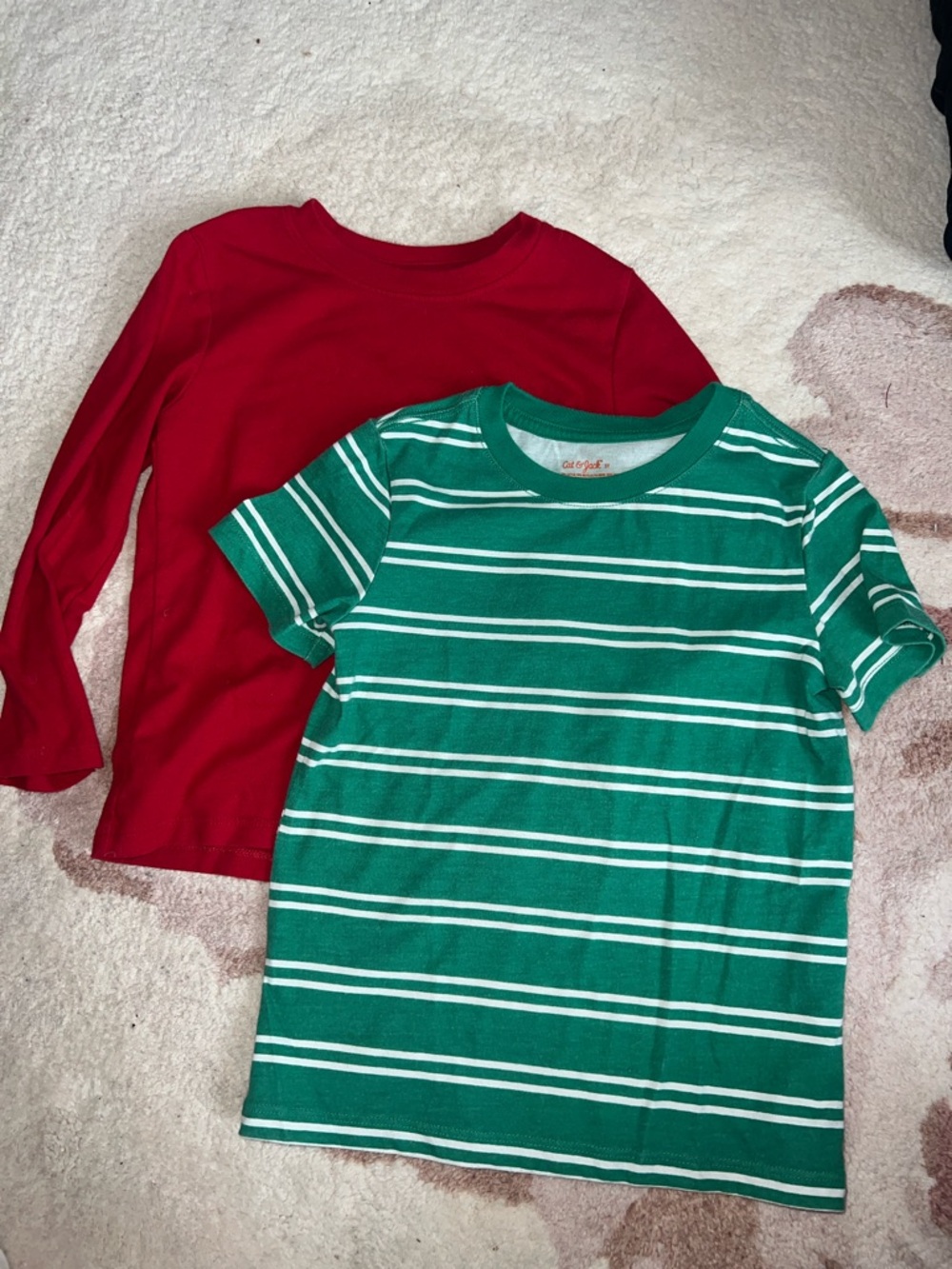 Cat & Jack Green and White Striped Tee with Red Long-Sleeve Top Bundle